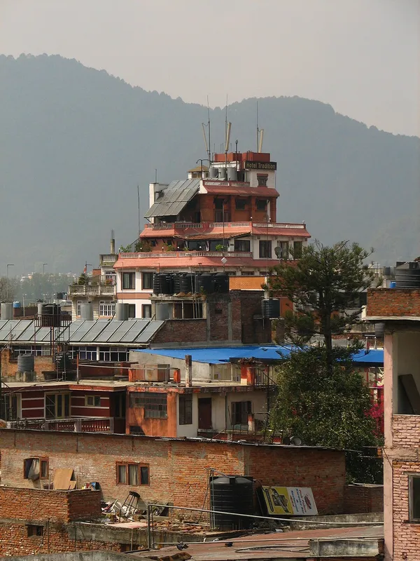 Dense residential buildings and rooftops in Thamel, Kathmandu